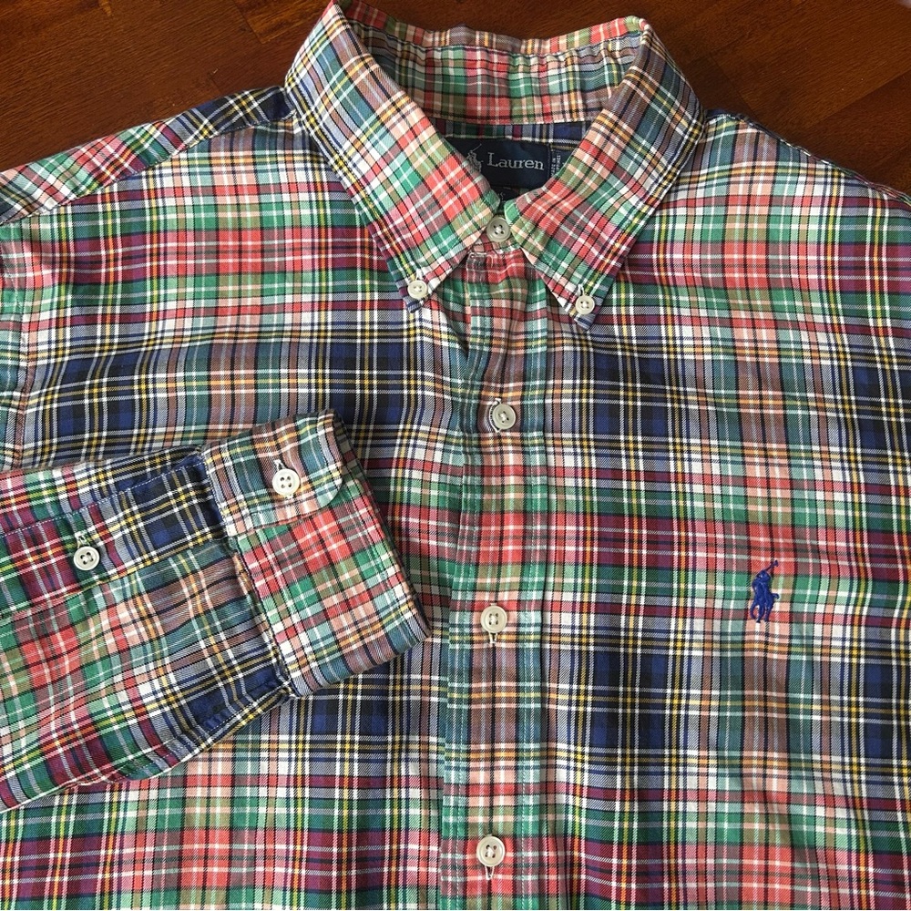 Ralph Lauren Custom Fit Red Blue Green Plaid Cotton Long Sleeve‎ Button Up Shirt